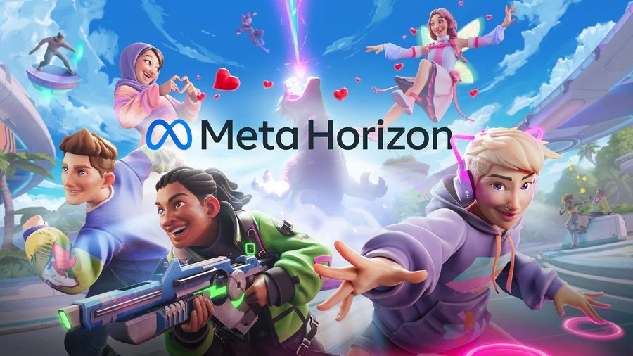 Meta Horizon key art: avatars leaping and flying through a bright sky above a futuristic plaza, with the Meta Horizon wordmark across the centre