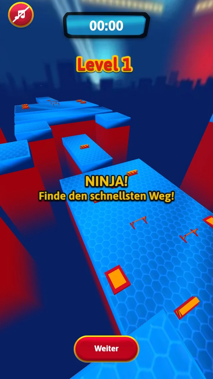 A fly-over of the level: blue and red obstacle platforms staggered across a gap above a floodlit stadium, captioned Ninja! Finde den schnellsten Weg
