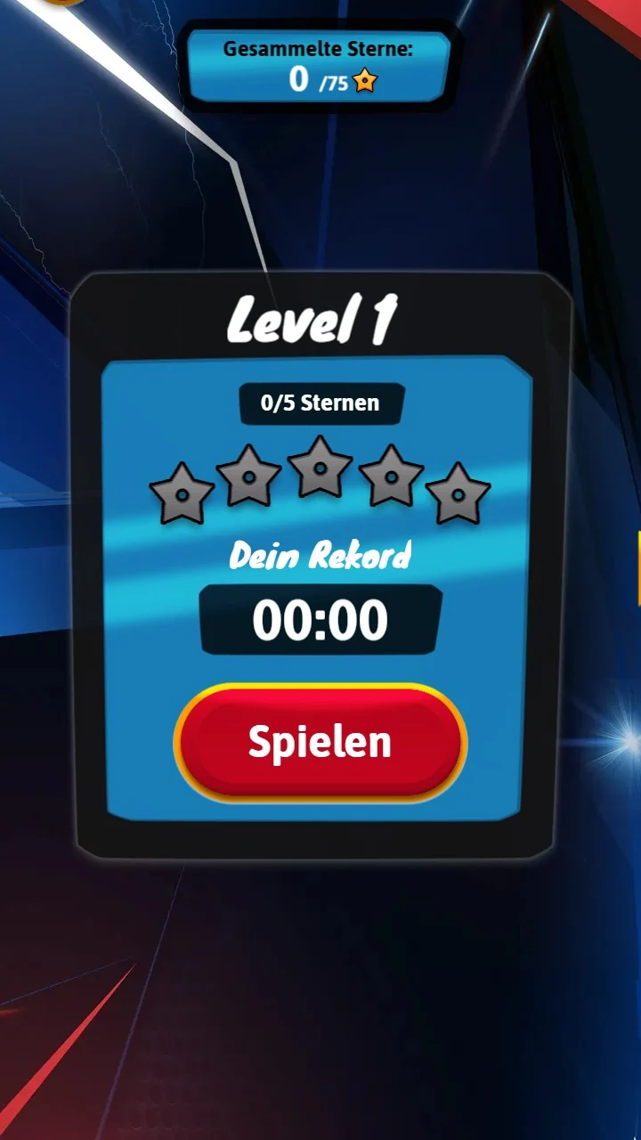The level select card for Level 1, showing nought of five stars earned, a personal record time of 00:00, and a Spielen button