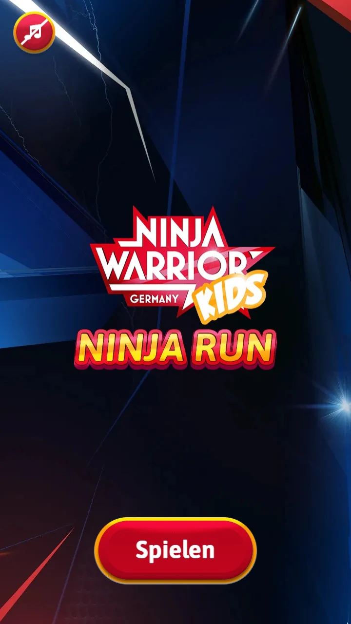 The title screen: the Ninja Warrior Germany Kids logo above the words Ninja Run in yellow, on a dark blue and red stadium backdrop, with a Spielen button below