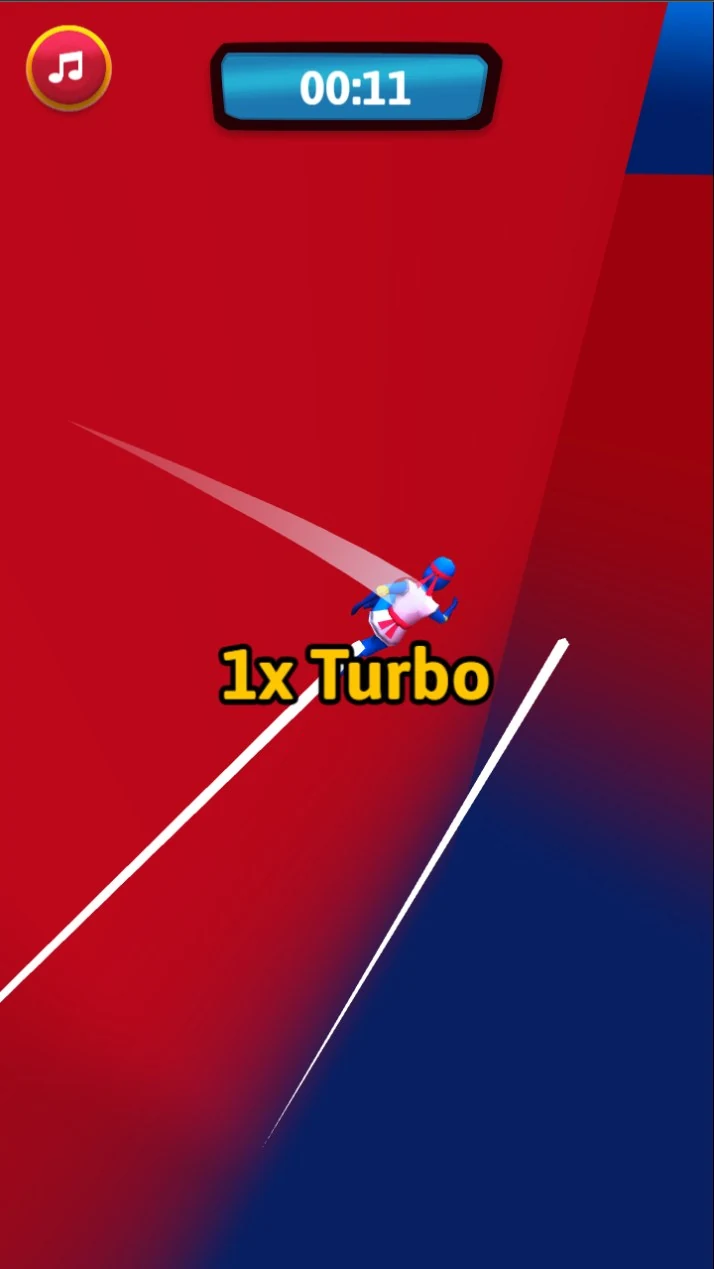 The ninja riding a zipline down a sheer red wall, a white speed trail behind, the clock at eleven seconds and a 1x Turbo multiplier over the run