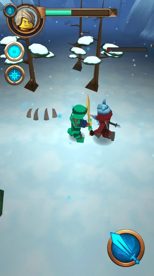 A green LEGO ninja fighting a red-caped enemy in a snowfield seen from above, with a portrait and health bar in the top corner and two ability buttons down the side