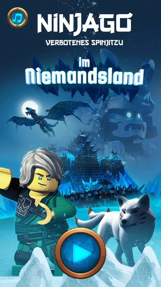 Title screen: a LEGO ninja and a white wolf in front of an icy fortress at night, under the Ninjago Verbotenes Spinjitzu logo and the German subtitle Im Niemandsland