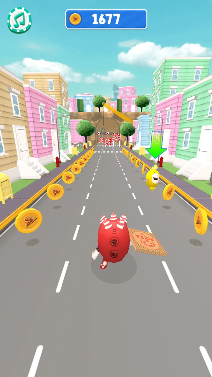 The red Oddbod running away down a pastel street carrying a pizza box, rows of pizza coins along both kerbs, the yellow Oddbod waiting ahead beside a green arrow, with a score of 1677 at the top