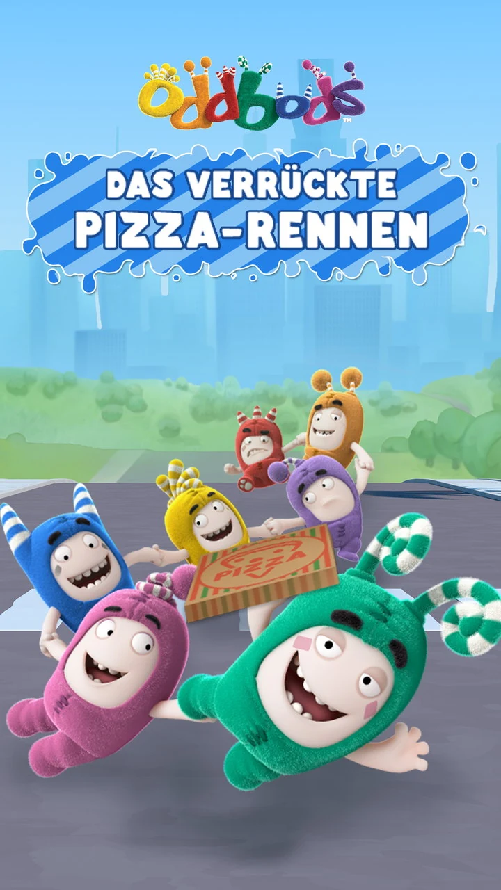Title screen: the Oddbods logo above the German title Das verr&uuml;ckte Pizza-Rennen on a blue splash, with the seven Oddbods sprinting down a road towards the viewer around a pizza box, a city skyline behind them