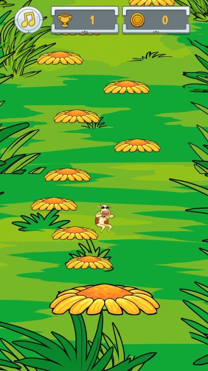 The start of a run: Paula mid-jump between yellow flowers scattered up a wall of grass, blades of grass framing both edges, the score panel reading 1 and the coin panel 0