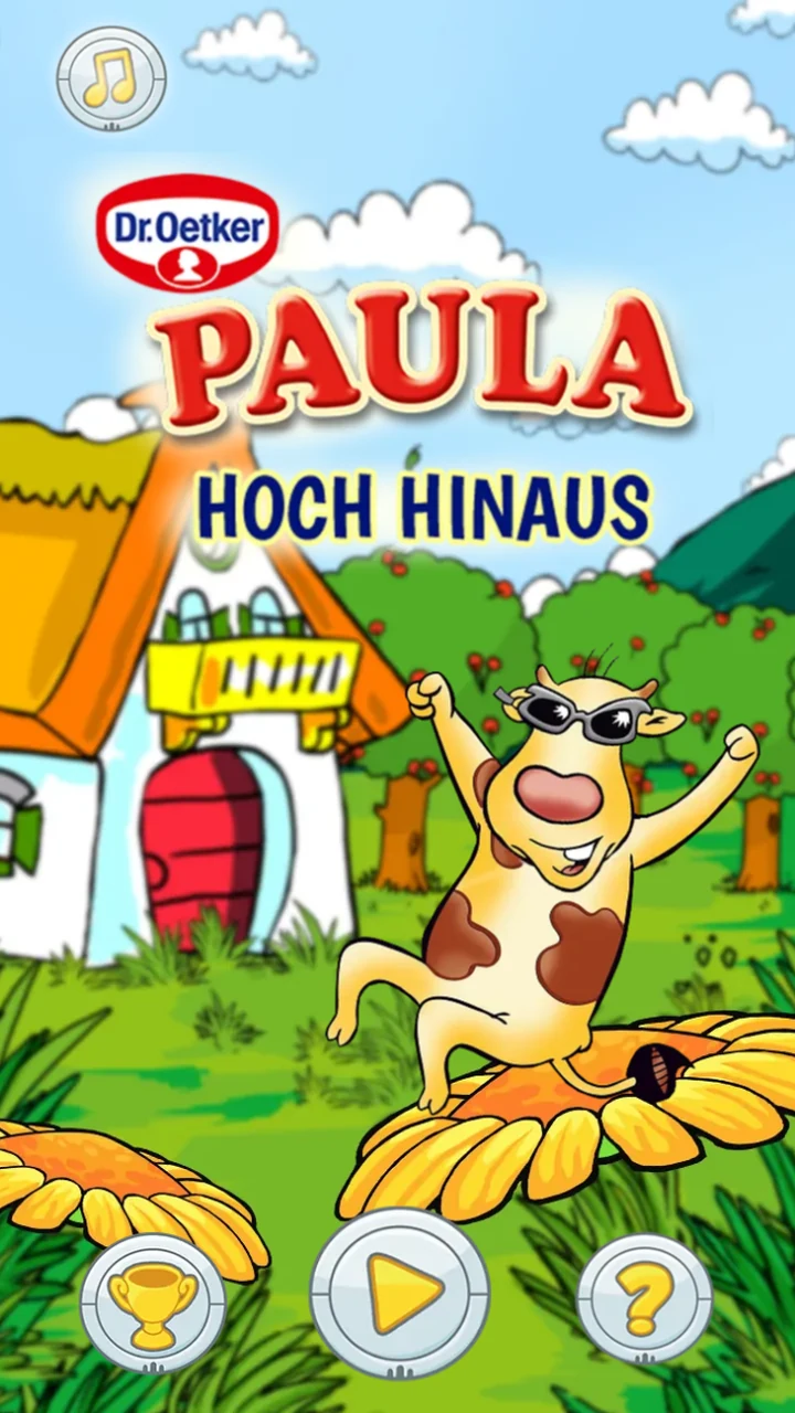 Title screen: Paula, a spotted cow in sunglasses, standing arms raised on a sunflower outside a thatched cottage, beneath the Dr. Oetker logo and the German title Hoch hinaus, with trophy, play and help buttons along the bottom