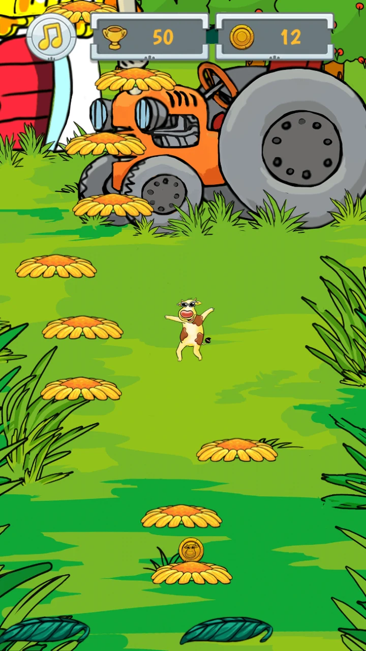 Higher up the climb, Paula falling with her arms out past a huge orange tractor parked in the grass, a coin resting on a flower below her and blue-green leaves drifting at the bottom of the screen, the score at 50 and the coins at 12