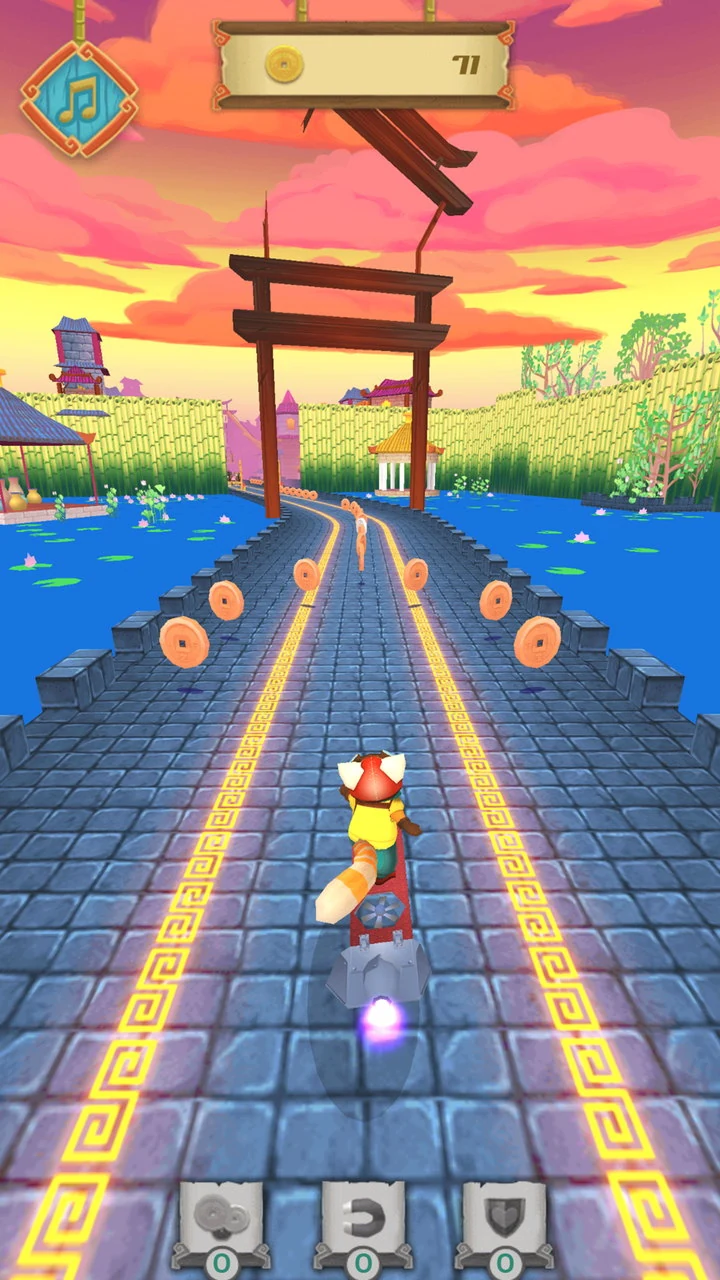 The panda crossing a stone causeway over lily-covered water towards a wooden gate, bamboo and pavilions on the far bank, coins arranged in arcs across the path