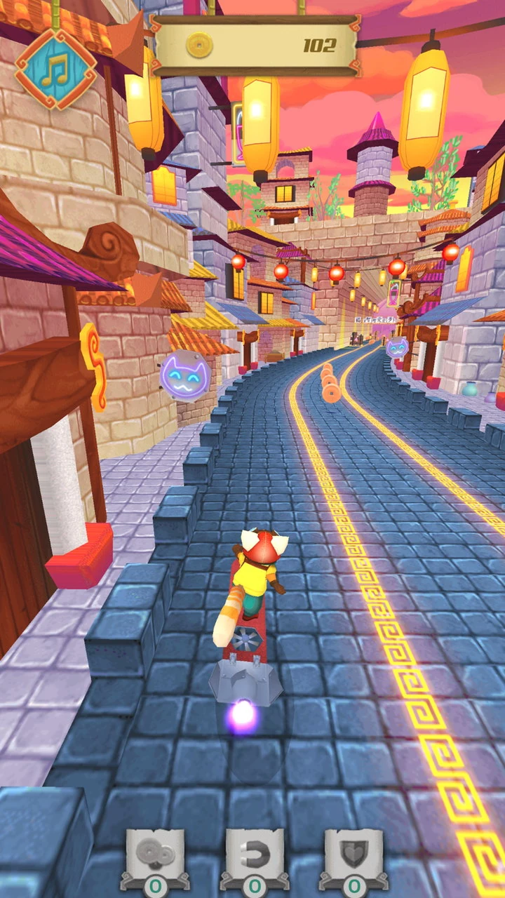 The panda surfing a narrow street between tiled shopfronts hung with paper lanterns, a glowing cat-face pick-up to the left and a line of coins ahead, with 102 coins counted at the top and three power-up slots along the bottom