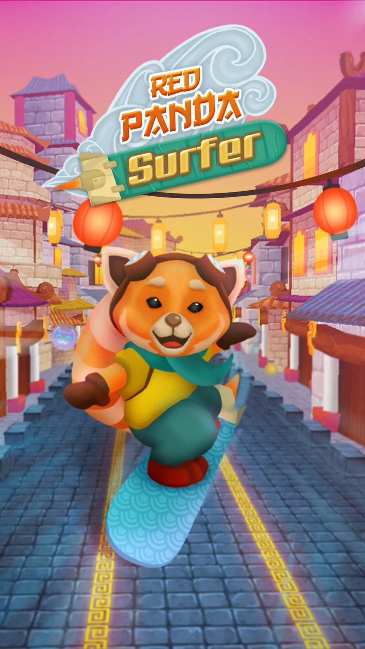 Title screen: the Red Panda Surfer logo set on a surfboard and a curl of cloud, above a red panda in a scarf and backpack riding a board down a lantern-strung cobbled street at sunset