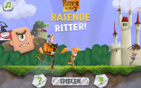 Title screen: the Ritter Hoch 3 logo above Rasende Ritter! in yellow and white, a knight in orange armour running a grassy ledge past a green dragon, a stone-faced brute and a hooded figure, a girl scaling a white castle tower on the right, and help, Spielen and trophy buttons along the bottom