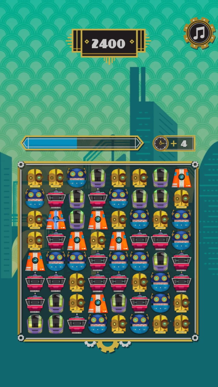 An eight by eight board of robot heads in gold, blue, pink, purple and orange, a score of 2400 on a deco plate above, a half-full timer bar and a plus four clock bonus alongside