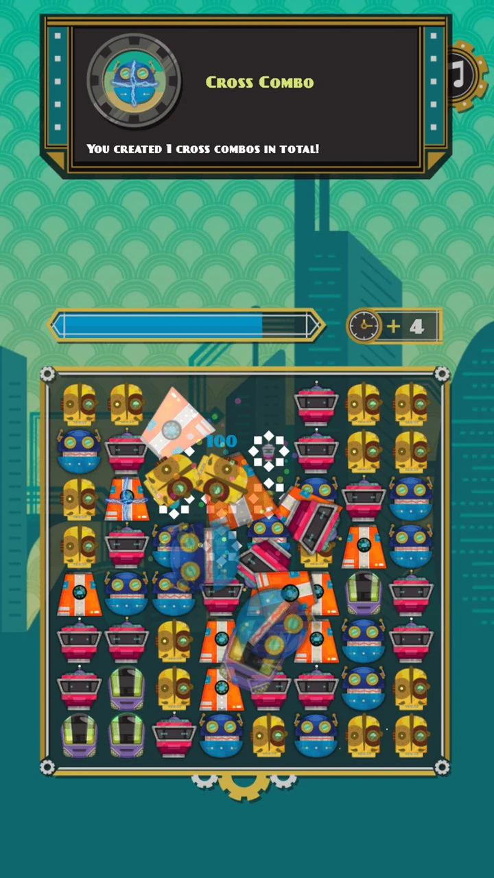 Tiles bursting apart mid-combo with a hundred-point popup, under a banner reading Cross Combo and the line You created 1 cross combos in total