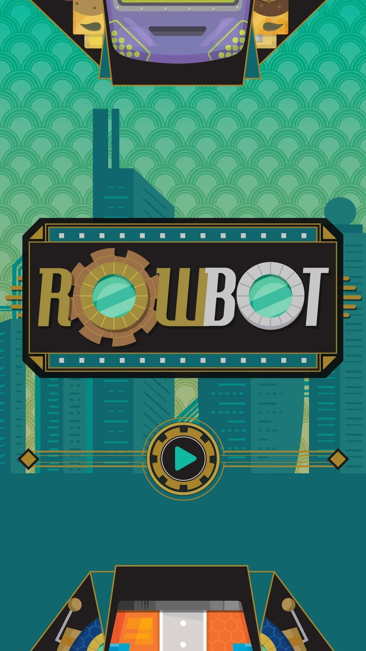 Title screen: the RowBot logo in art-deco gold and silver lettering on a dark plate, the O of ROW replaced by a machined cog, set against a teal scalloped skyline with a play button below