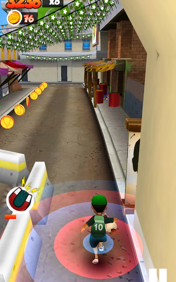 A narrow bazaar alley strung with star bunting, a line of coins along the left, the magnet power-up icon counting down at the side, and Sheeda in a Sheeda 10 shirt at a score of 3236 on an eight-times multiplier