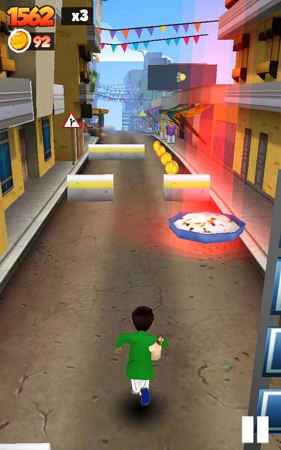 Sheeda running a bunting-strung street towards a row of low barriers, a curve of coins ahead and a red-glowing dish to the right marking a hazard, with a score of 1562 and 92 coins