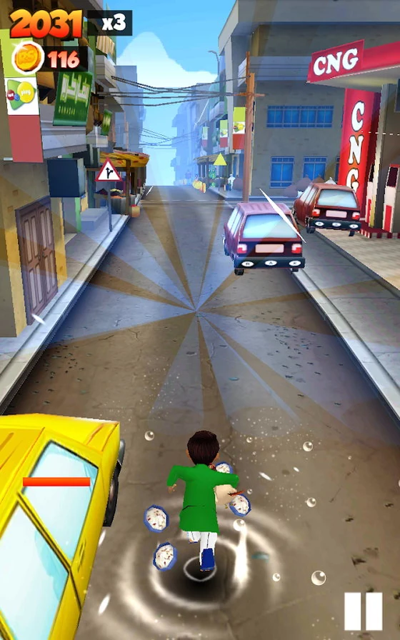 Sheeda sprinting down a Lahore street between parked cars and a CNG station, plates spinning around him, with a score of 2031, a three-times multiplier and 116 coins in the corner