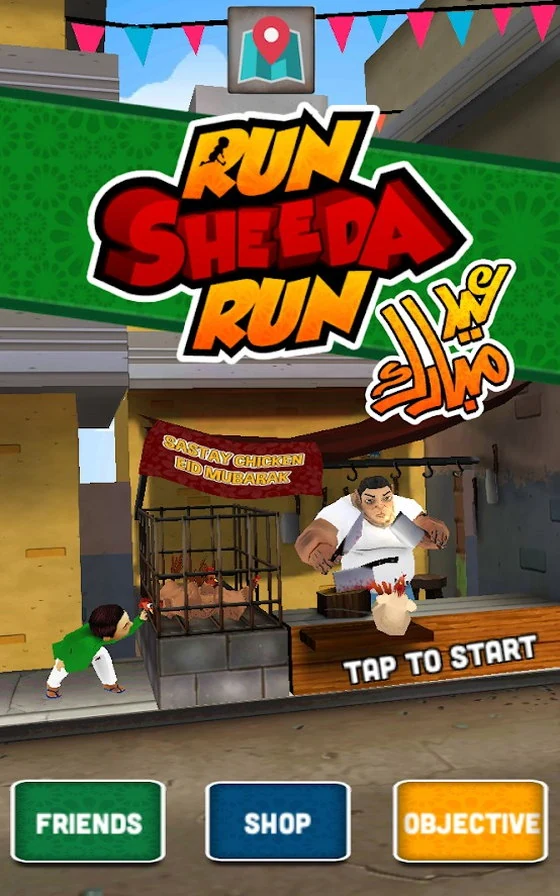 Title screen: the Run Sheeda Run logo in orange and red with its Urdu lettering, above a butcher standing over a caged hen under a Sastay Chicken Eid Mubarak banner while Sheeda reaches for the cage, with Tap to start and Friends, Shop and Objective buttons