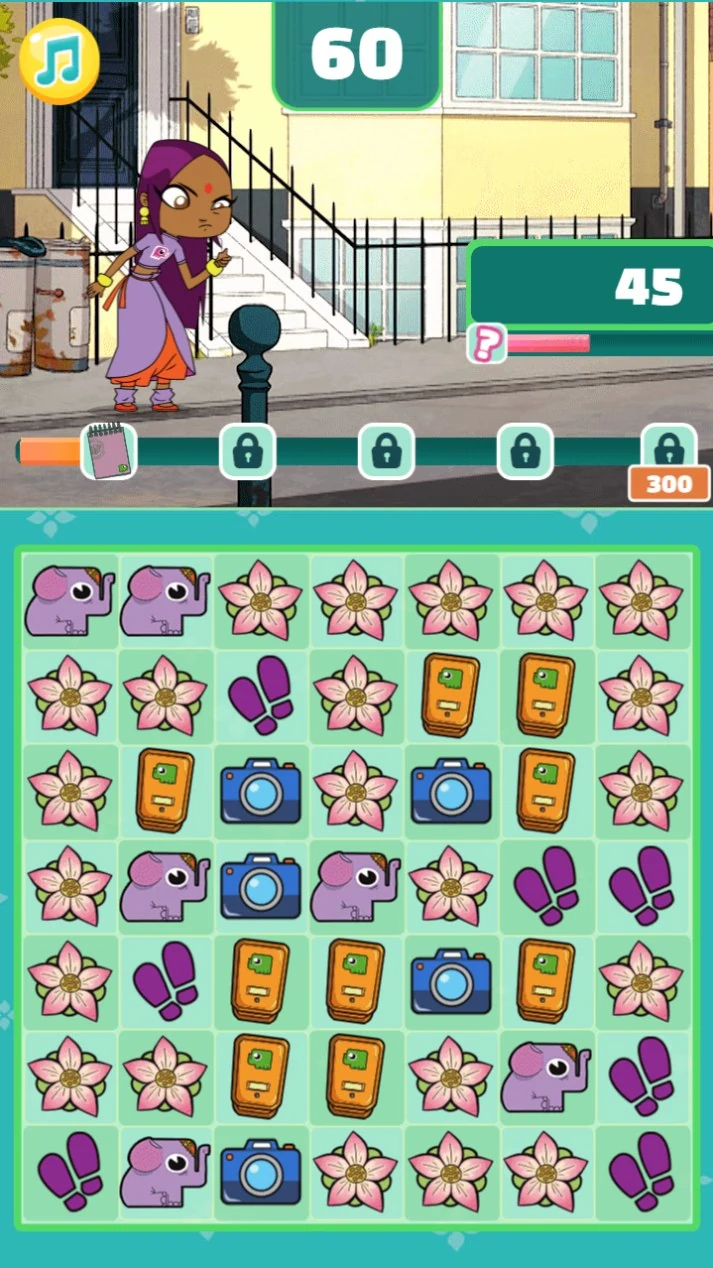 The match-three board: a grid of elephants, flowers, footprints, phones and cameras below a street scene with Sally, a sixty second timer and a score of forty-five, with four locked clue slots on a track