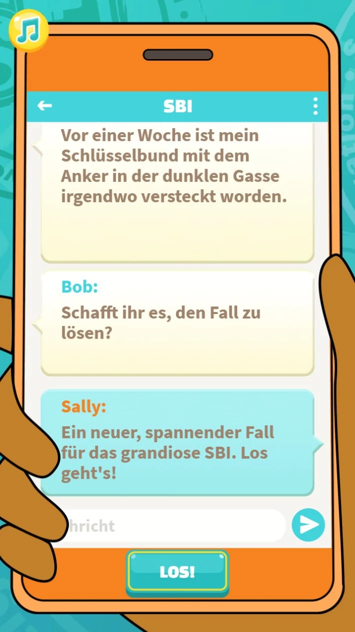 A hand holding a phone showing a chat thread headed SBI, in which a client reports a bunch of keys hidden in a dark alley and Sally replies that it is a new case for the agency, above a LOS! button