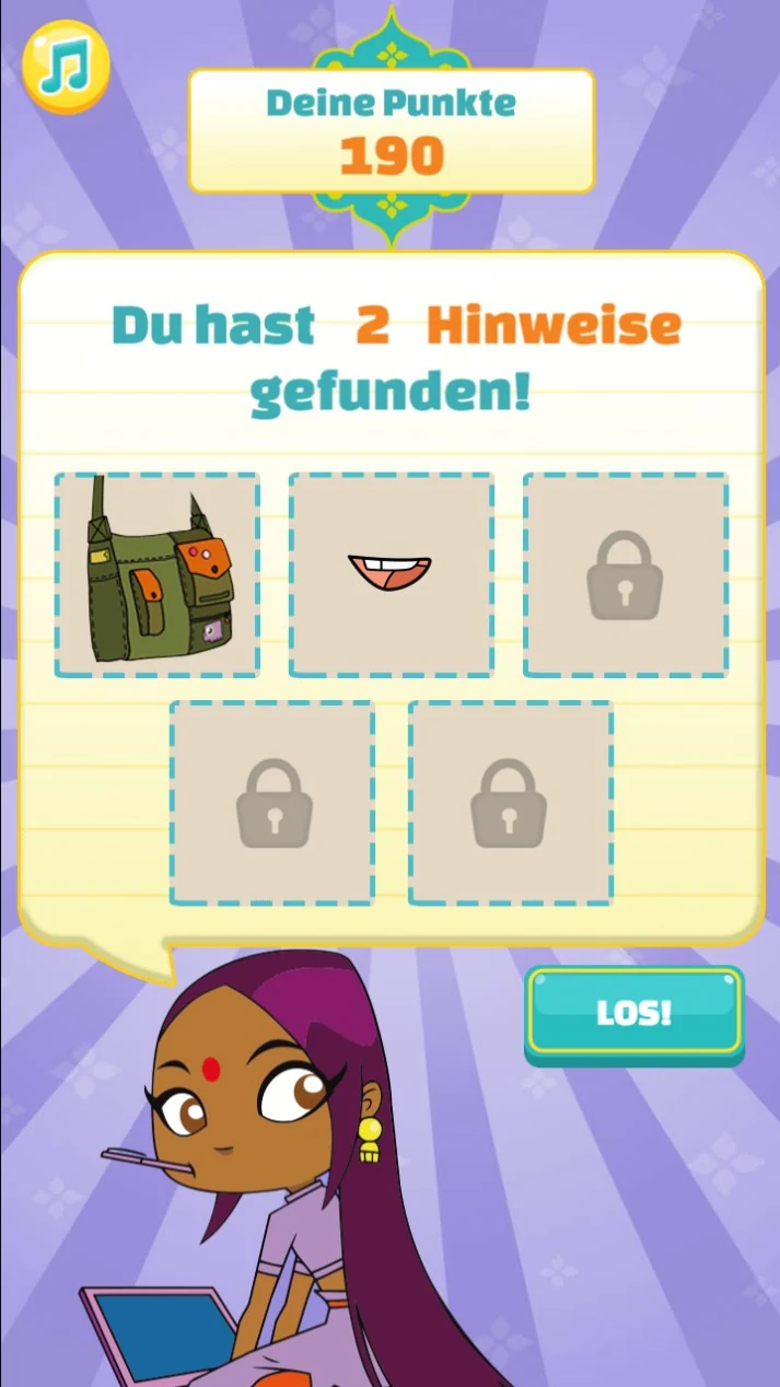 A results card reading Du hast 2 Hinweise gefunden above five clue slots, two showing a satchel and a smile and three still padlocked, with a score of 190 points