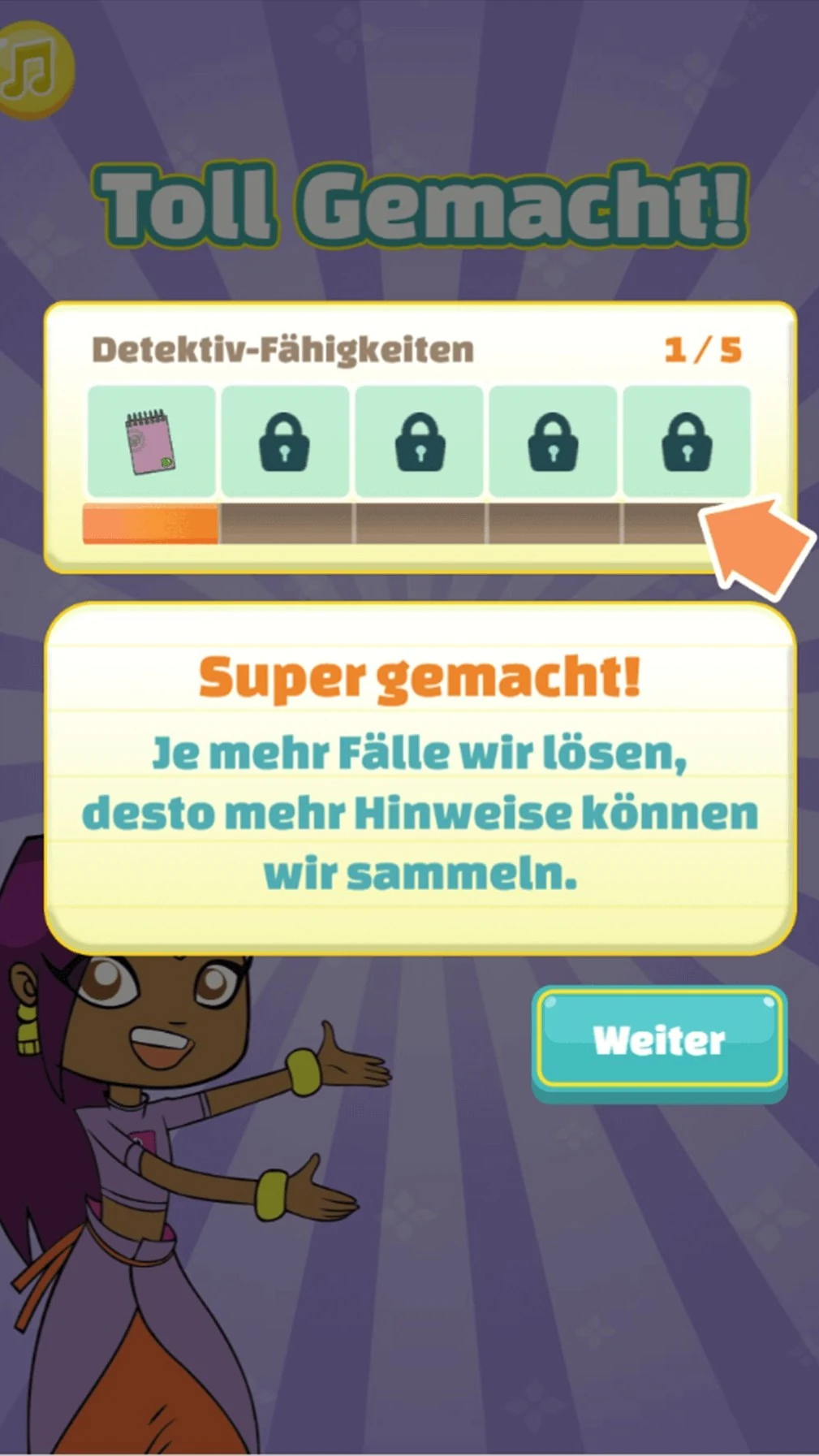 A Toll Gemacht screen showing a detective skills track at one of five unlocked, and a note from Sally saying the more cases they solve the more clues they can gather