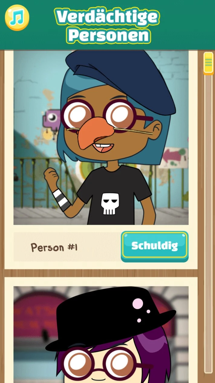 A suspect list headed Verd&auml;chtige Personen, showing photographs of two characters, the first with a Schuldig button beside it