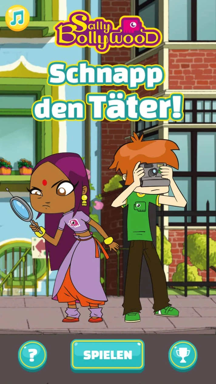 The title screen: Sally with a magnifying glass and Doowee raising a camera on a city street, under the Sally Bollywood logo and the German title Schnapp den T&auml;ter!, with a Spielen button below