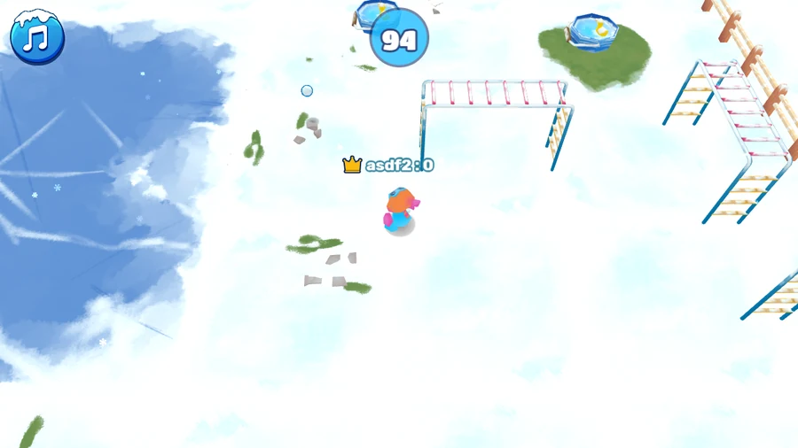 The arena seen from above: a snow-covered playground with climbing frames and ladders to the right and a frozen pond, a single player labelled asdf2 with a crown and a score of 0 standing in the middle, a thrown snowball in the air and the match clock reading 94