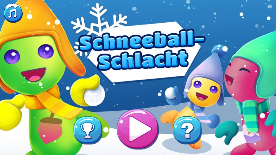 Title screen: three round cartoon characters in winter hats and scarves, green, yellow and pink, holding snowballs in a snowy field, with the German title Schneeball-Schlacht on a white banner and trophy, play and help buttons beneath