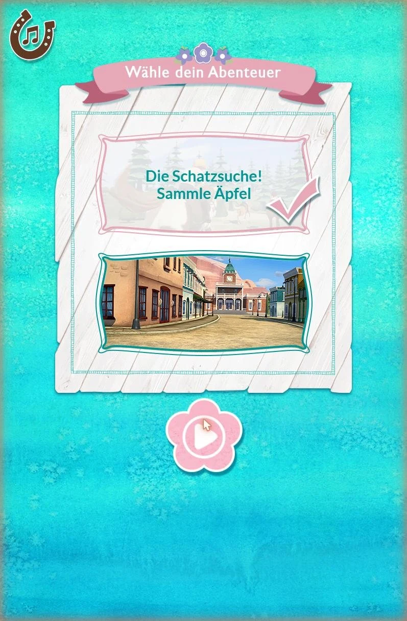 A mode-select board headed W&auml;hle dein Abenteuer, offering a snowbound course and a desert town course as framed photographs