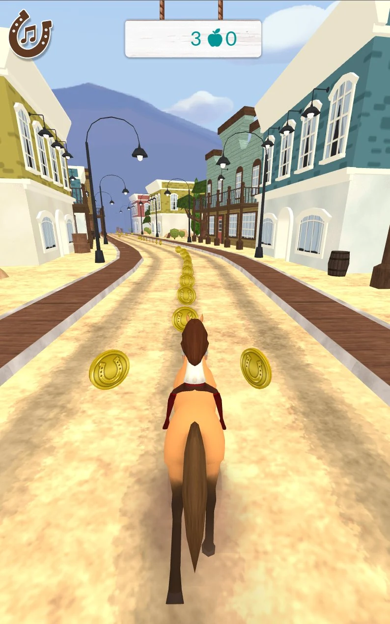 Riding at a gallop down a wide dirt street of a western town, seen from behind the horse, a trail of golden horseshoes running ahead into the distance