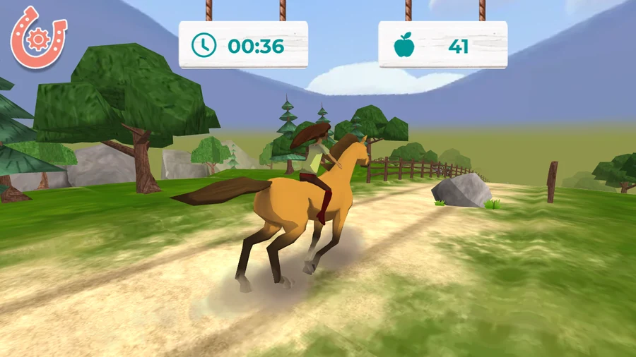 Riding at a gallop along a dirt track through low pines and boulders, dust kicking up behind, with 00:36 on the clock and 41 apples collected on the panels above