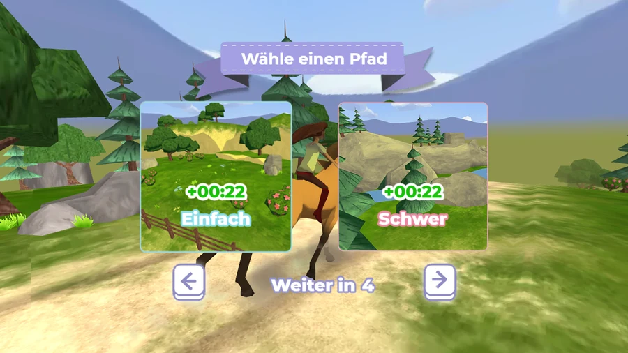 A mid-run prompt reading Wähle einen Pfad, offering two route previews side by side, one marked Einfach and one Schwer, each adding 22 seconds, with a countdown reading Weiter in 4