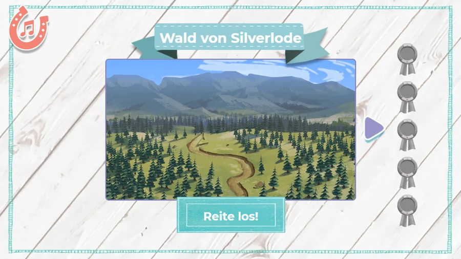 Course selection on a whitewashed plank board: a preview of the Wald von Silverlode course winding through pine forest, a Reite los! button beneath it and five empty rosette slots down the right