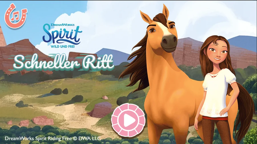 Title screen: Spirit standing beside Lucky in front of red rock bluffs and green hills, under the DreamWorks Spirit Wild und Frei logo and the German title Schneller Ritt, with a pink play button