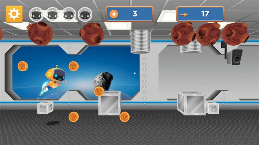 The robot flying on its jetpack past a viewport looking out at Earth, collecting orange tokens, with asteroids drifting along the ceiling of the corridor