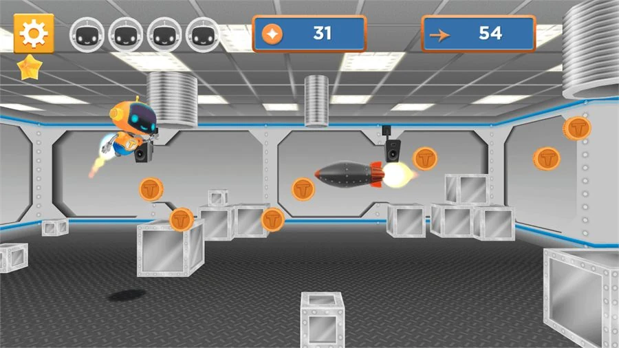 The robot dodging a lit rocket flying down the corridor towards it, a trail of tokens ahead, the score reading 31 and the distance 54