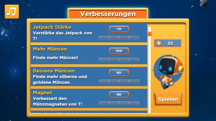 The upgrade shop, headed Verbesserungen, listing Jetpack St&auml;rke, Mehr M&uuml;nzen, Bessere M&uuml;nzen and Magnet, each with its price and a five-segment progress bar, the robot and a coin count of 32 in the panel alongside