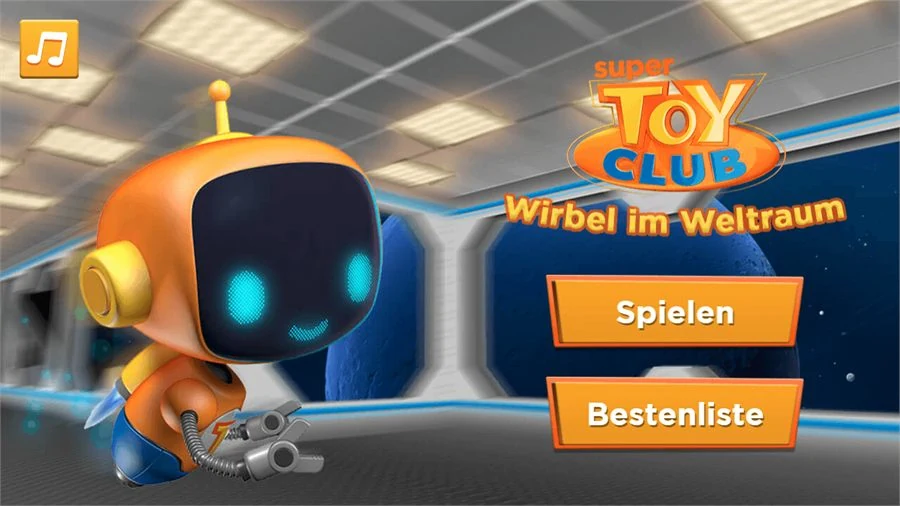 Title screen: a small orange robot with glowing blue eyes floating in a space station corridor, beside the Super Toy Club logo, the subtitle Wirbel im Weltraum and Spielen and Bestenliste buttons