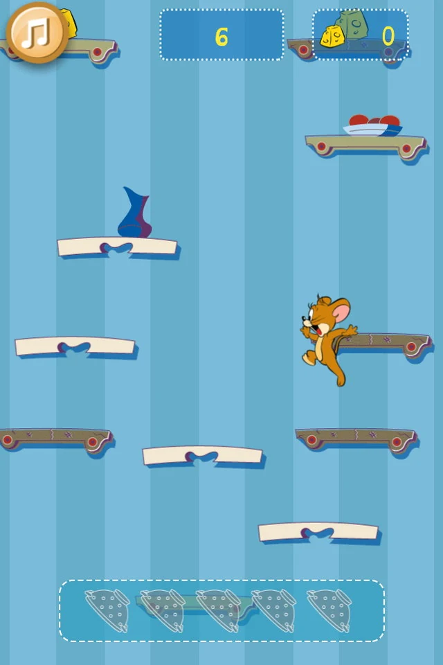 Jerry landing on a shelf part-way up a striped blue wall, plates and a vase resting on the platforms above him, a height of 6 and a cheese count of 0 at the top of the screen