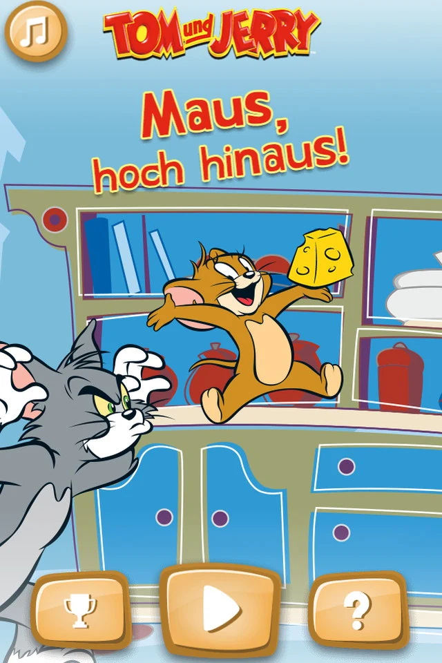 Title screen: Jerry leaping across a kitchen dresser holding a wedge of cheese while Tom lunges in from the left, under the Tom und Jerry logo and the German title Maus, hoch hinaus!, with trophy, play and help buttons