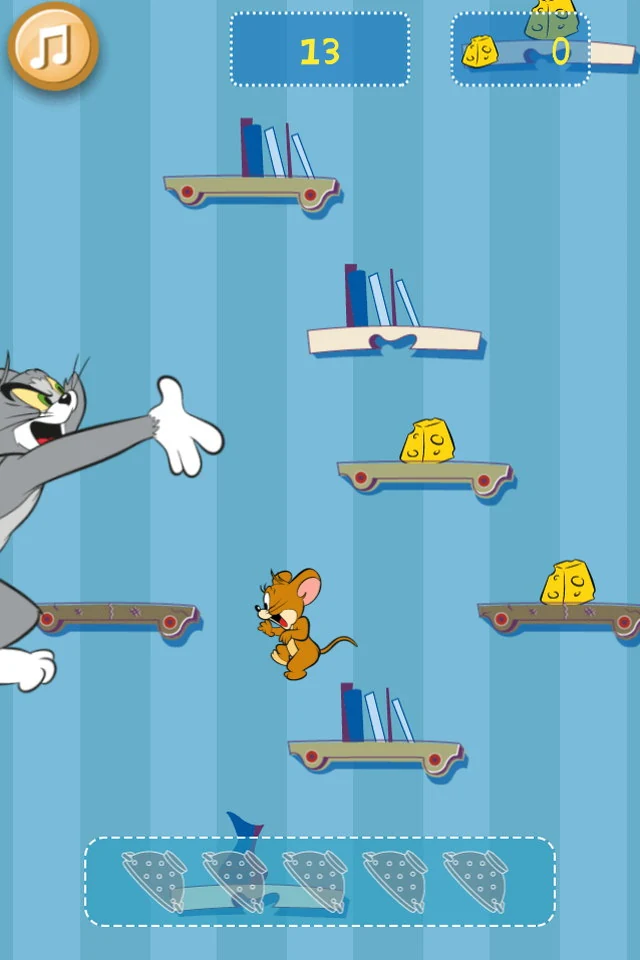 Tom swiping in from the left edge as Jerry jumps between shelves of books, wedges of cheese sitting on two platforms, at a height of 13