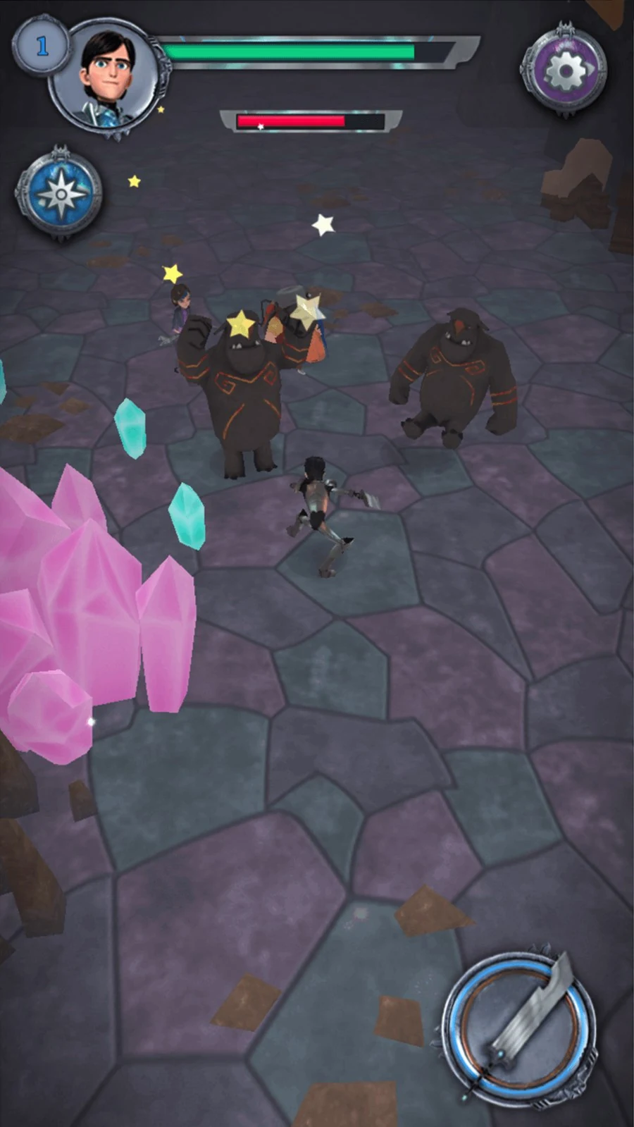 Jim in silver armour swinging his sword at two stunned trolls in a cave of pink and blue crystals, Claire and Toby fighting behind them, an enemy health bar under the HUD