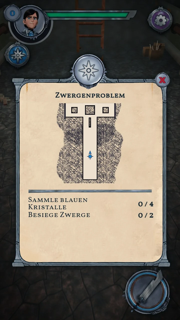 A parchment quest card headed Zwergenproblem, showing a hand-drawn map of the generated dungeon with the player marker in a corridor, above the objectives collect four blue crystals and defeat two gnomes