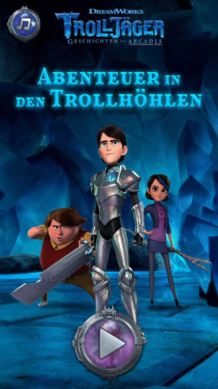 The title screen: Jim in silver armour with Toby and Claire in a blue ice cave, under the DreamWorks Trollj&auml;ger logo and the German title Abenteuer in den Trollh&ouml;hlen, with a play button below