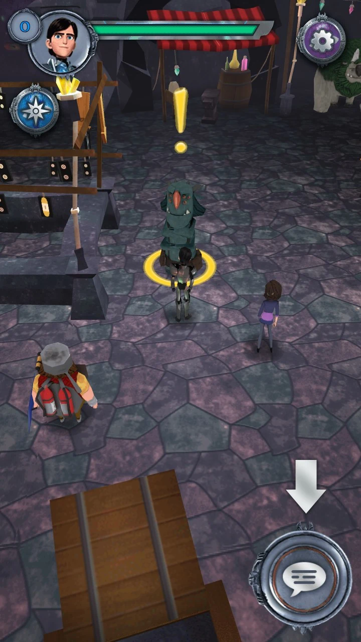 The Trollmarkt hub: Jim standing in a ring of light on flagstones, Blinky marked with a quest exclamation ahead of him, market stalls and a weapon rack around them