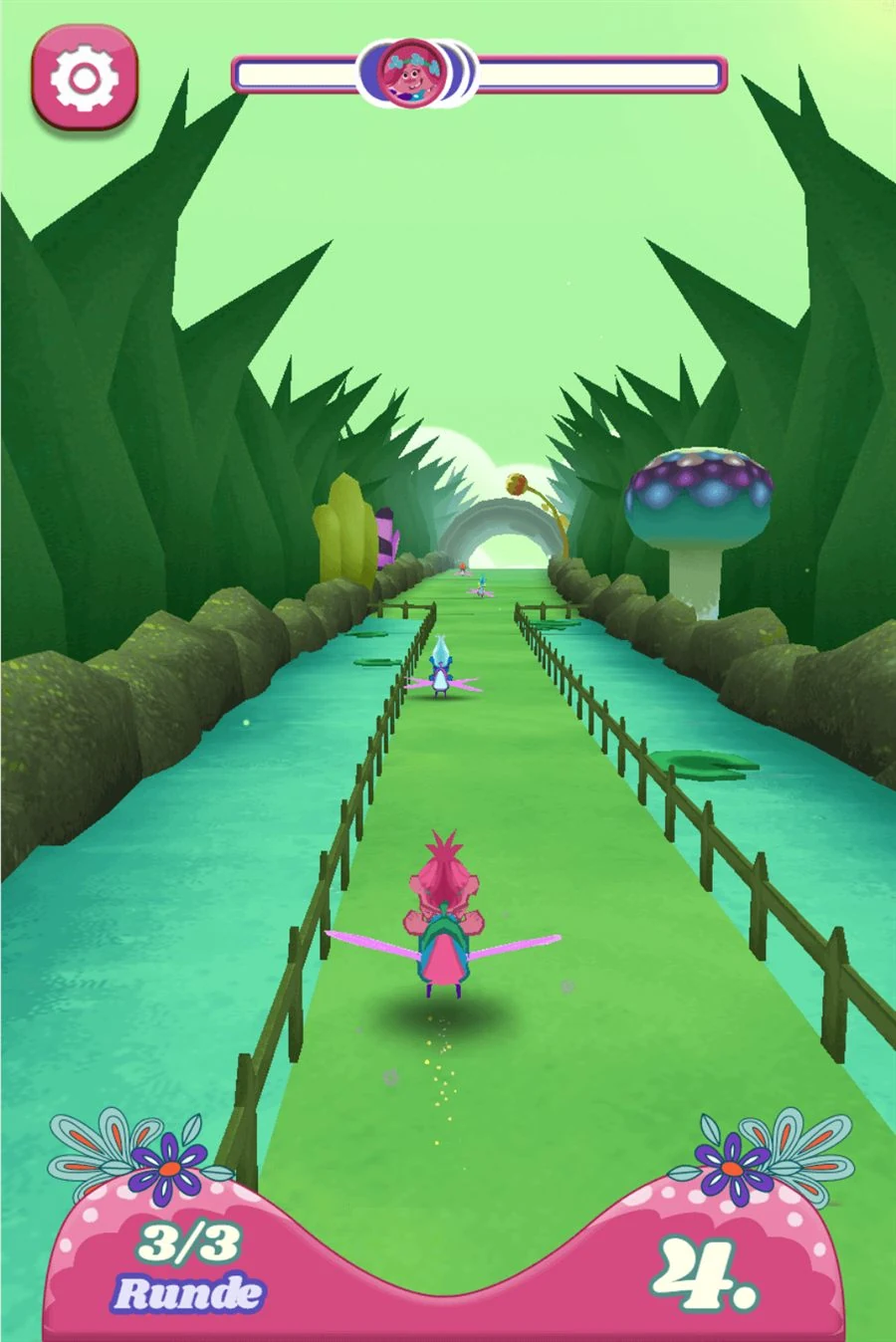 Poppy on her beetle further along the course, a mushroom and a distant archway ahead, the HUD reading lap three of three and fourth place