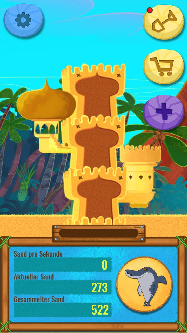 The sandcastle part-built in three tiers on the beach against a jungle backdrop, with counters reading Sand pro Sekunde 0, Aktueller Sand 273 and Gesammelter Sand 522, and settings, upgrade and shop buttons around the edge